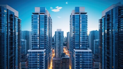 Fototapeta na wymiar two tall, blue buildings with windows in the sky