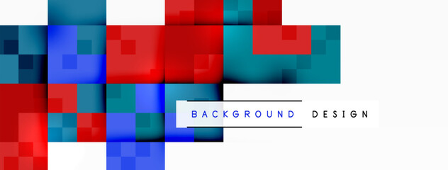 Colorfulness abounds in a pattern of red, blue, and white checks on a rectangle with a white border. Circles and parallel lines add interest to the electric blue background