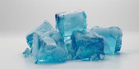 Elegant Close-Up Product Shot of Four Cube-Shaped Blue Ice Cubes in a Pile, Perfectly Lit Against a Clean White Background
