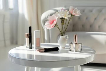 Fototapeta na wymiar Makeup set lying on white round table next to armchair