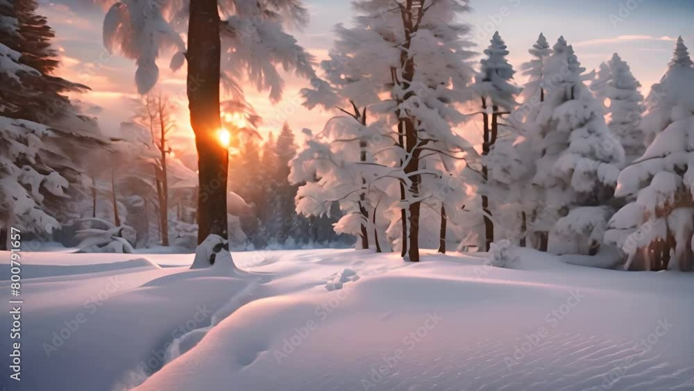 Aufkleber sun shining through snowy trees generative ai