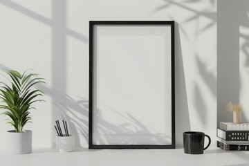 Mockup poster and coffee mug on white desk