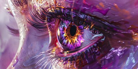 A colorful illustration of an eye with the word eye on it,Cyberpunk style pink and dark blue abstract backdrop

