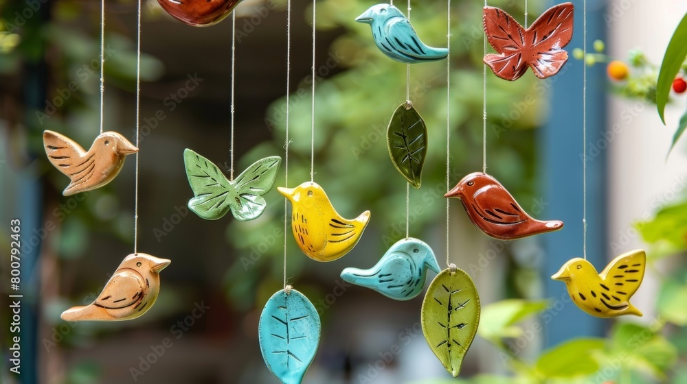 Poster a set of clay wind chimes featuring various animal shapes like birds and butterflies each one dangli