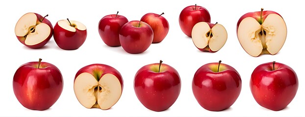  Red apples, many angles and view side top sliced halved cut isolated on white background cutout.
