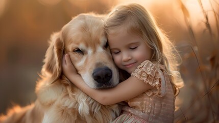 Heartwarming Embrace Between Cherished Girl and Golden Retriever in Vibrant Outdoor Setting