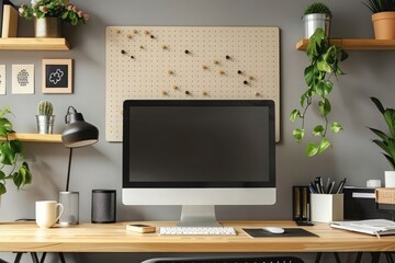 Modern home working room interior design with blank PC desktop computer and accessories on wood table against grey wall with pegboard and wall shelve, houseplant
