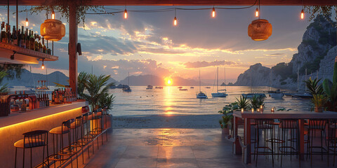 Realistic image of a beach bar in Spain with the sea in the background
