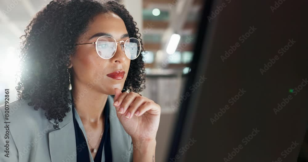 Poster reading, business woman and computer with digital market research analyst for work at company. job s