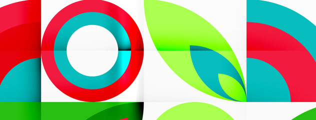 Obraz premium A vibrant collage of colorful circles and leaves creates a symmetrical pattern on a white background. The art incorporates symmetry, graphics, and a variety of shapes like circles and rectangles