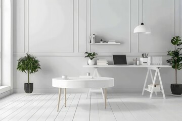 Modern interior office room with white circle coffee table next to white worktable with mock-up laptop, books, office supplies and decorations