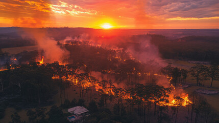 Fototapeta premium Aerial view of a wildfire in a forest at sunset with smoke rising and flames visible amidst the trees.