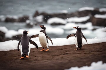 Obraz premium 'penguins ice water jumping gentoo bird antarctica cold nature penguin antarctic black animal polar pole wildlife winter snow south white sea beach blue group peninsula environment wild beak cute'