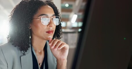 Reading, business woman and computer with digital market research analyst for work at company. Job statistics, glasses and tech of a professional at an office desk with admin report and screen graph - Powered by Adobe