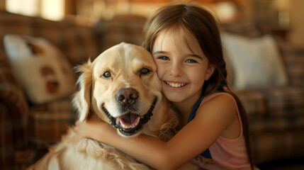 Delighted Young Girl Embracing Affectionate Canine Companion in Cozy Living Room Setting