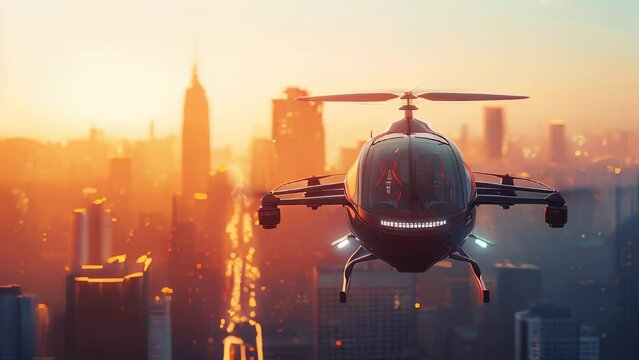 Autonomous helicopter flying over a city at sunset