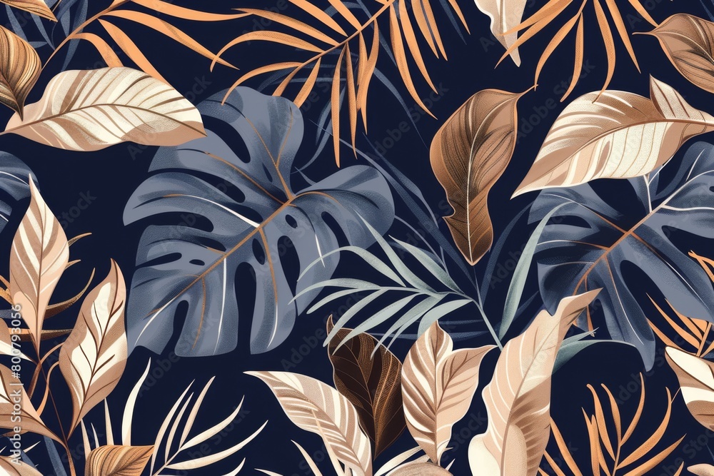 Wall mural tropical leaves and plants seamless pattern in navy blue, brown beige tones