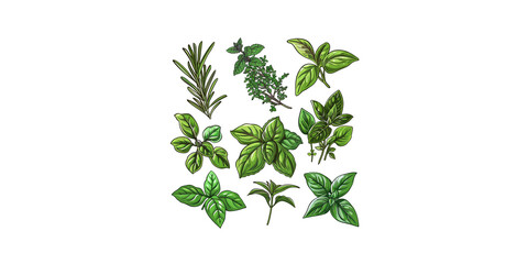 
Set of various herbs, including rosemary, mint leaves, oregano, thyme and basil, with illustrations on a white background 