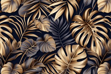 Tropical leaves and plants seamless pattern in navy blue, brown beige tones