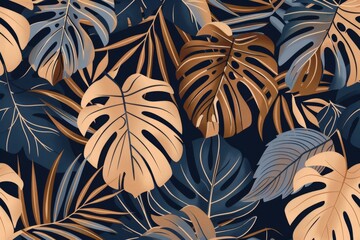 Tropical leaves and plants seamless pattern in navy blue, brown beige tones