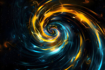 Hypnotic neon galaxy art with glowing yellow and blue swirls. A captivating sight on black background.