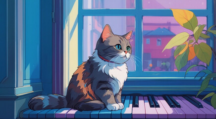 ピアノに座る猫