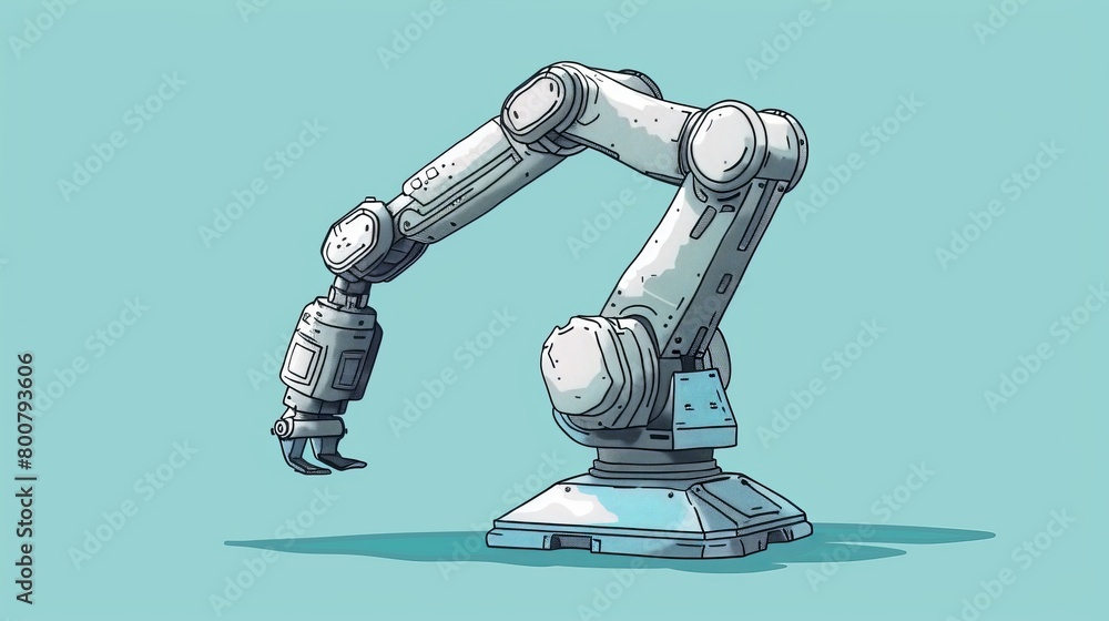 Poster a vector image rendered in a sketch style portrays an industrial robot manipulator against a blue ba