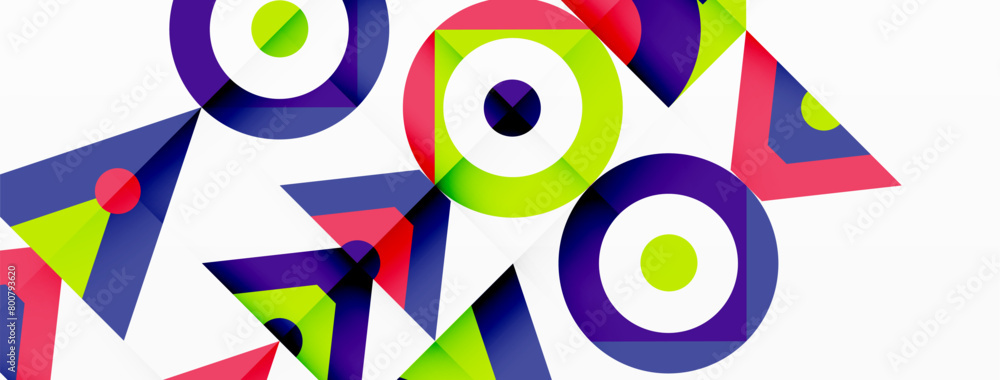 Poster a bunch of colorful circles and triangles on a white background high quality