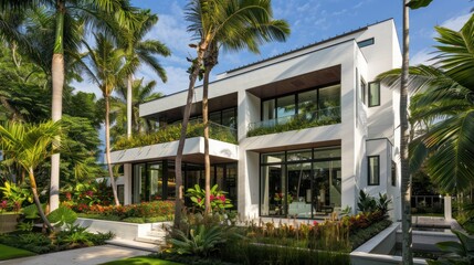 Fototapeta premium Modern 2-storey white minimalist style house. Property real estate business background.