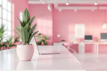 Modern stylish pink office workspace interior with copy space on white worktable over blurred office background. 3d rendering, 3d illustration