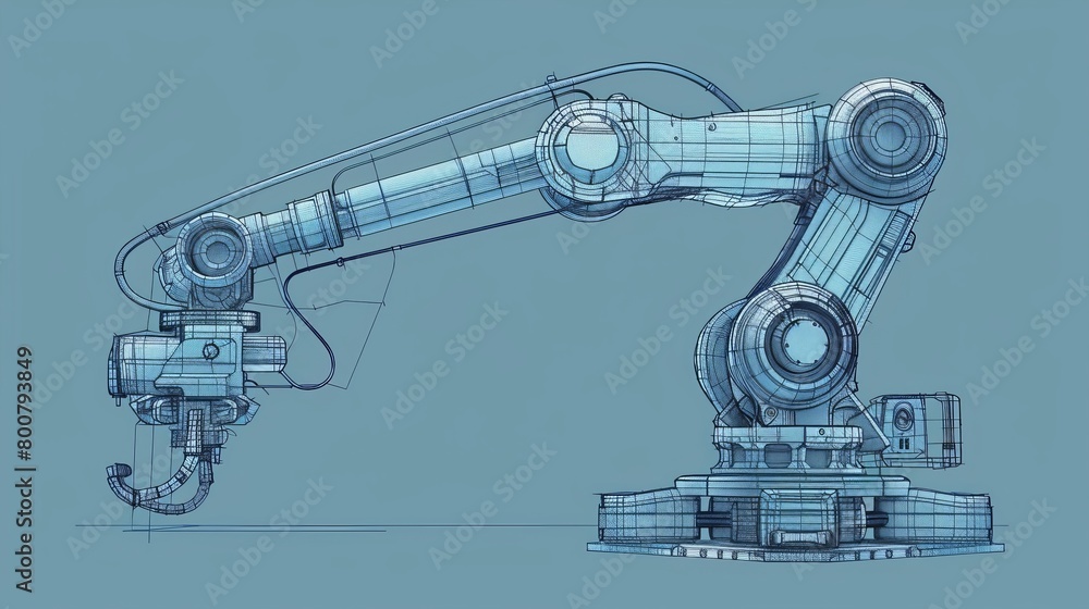 Poster a vector image rendered in a sketch style portrays an industrial robot manipulator against a blue ba