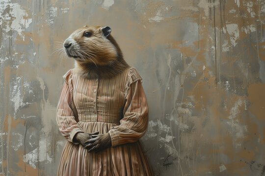 A groundhog wearing a vintage dress stands against a peeling wall. The groundhog is looking to the right of the frame. The painting is in a realistic style.