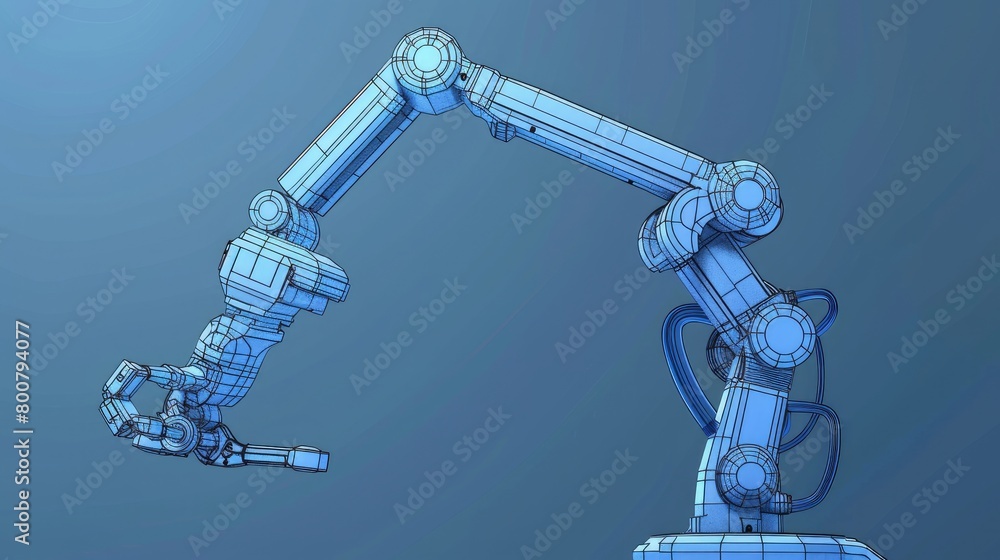 Poster a vector image rendered in a sketch style portrays an industrial robot manipulator against a blue ba