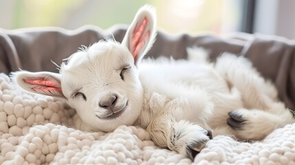 Cozy Nap Time for Adorable Baby Goat on Soft Pastel Blanket