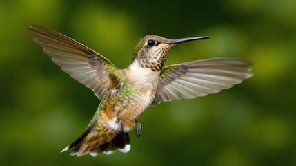 A tiny hummingbird hovering mid-air, its iridescent feathers and delicate features a testament to nature's intricate beauty.