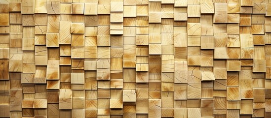 Detailed view of a wooden wall featuring individual square panels made of wood, creating an interesting pattern