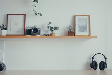 Shelf with photo camera in cozy workplace with board on white wall, headphones