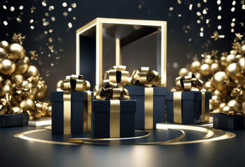'stage Stack boxes gift background scene podium festive presentation render 3d Showcase ribbon product empty black bows friday abstract golden poduim three-dimensional box dais'