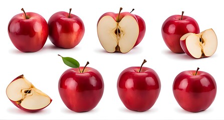  Red apples, many angles and view side top sliced halved cut isolated on white background cutout.