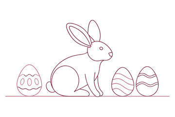 One continuous line drawing of Easter eggs and rabbit. Greeting banner design with bunny and ears in simple linear style. Editable stroke. Doodle vector