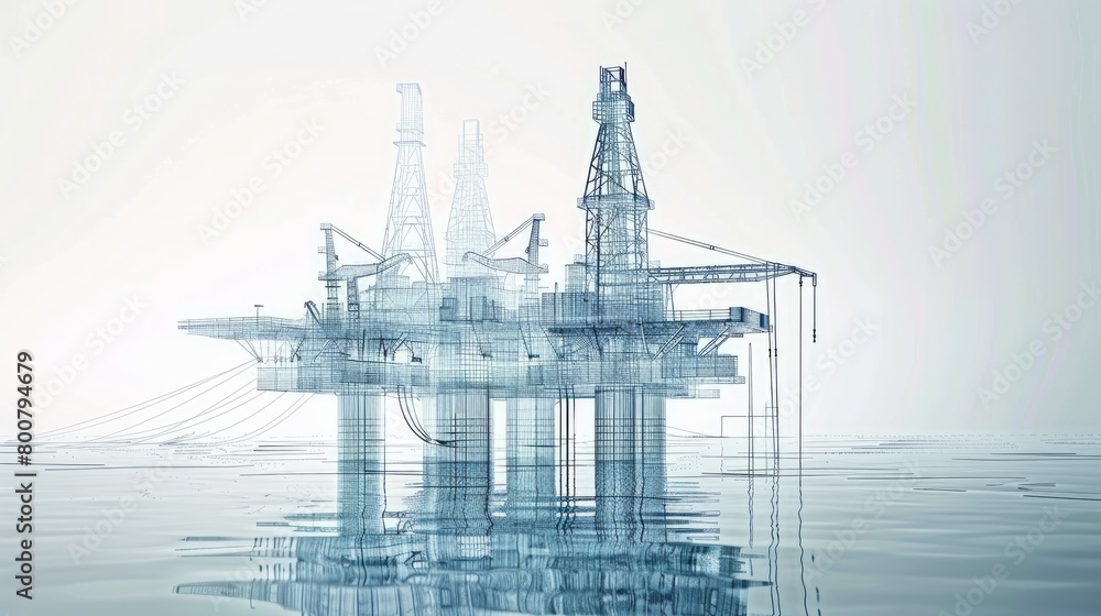 Poster a wire-frame style vector rendering in 3d portrays the concept of an offshore oil rig drilling platf