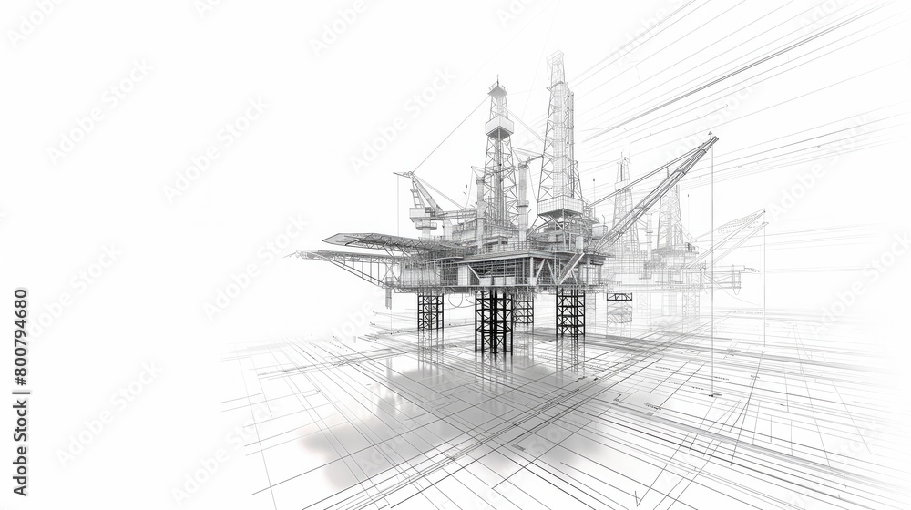 Poster a wire-frame style vector rendering in 3d portrays the concept of an offshore oil rig drilling platf