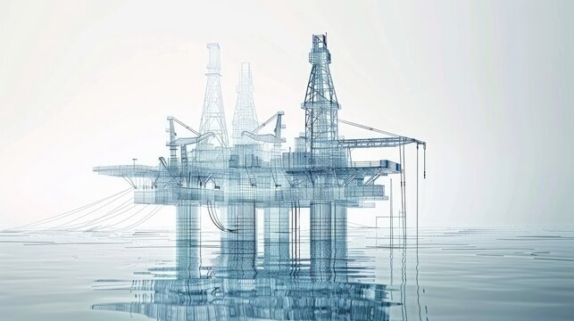 A wire-frame style vector rendering in 3D portrays the concept of an offshore oil rig drilling platform, with layers of visible and invisible lines separated.