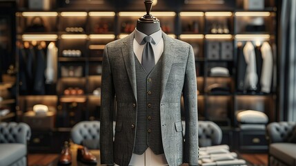 A distinguished tweed suit jacket and waistcoat, complete with a sleek tie, is prominently displayed on a mannequin in an exclusive men's fashion boutique.