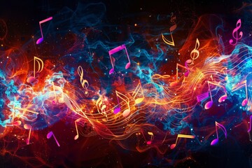 Colorful music notes and sound waves on a black background