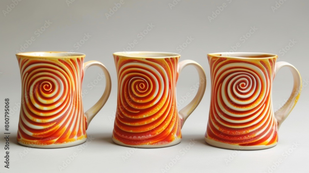 Poster a set of mugs with swirling patterns of bright orange and yellow resembling a fiery sunset and achie