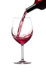 Red wine being poured into a glass, capturing the dynamic splash and rich color, isolated on a transparent background. Generative AI