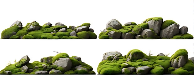  Set of moss-covered rocks in natural settings, cut out 