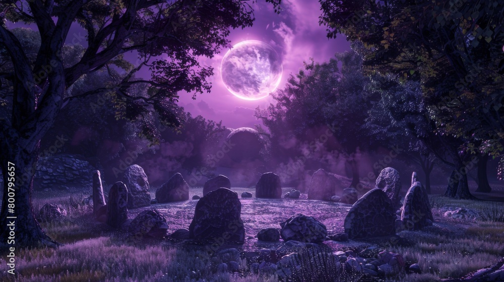 Poster in the center of a mystical garden a circle of stones is meticulously p each one representing a diff