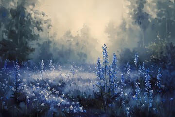 impasto oil painting of farmhouse vintage landscape lilac blue flower  field  wall art, digital art print, HD background, wallpaper, banner